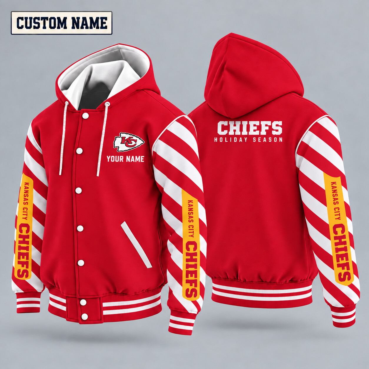 Kansas City Chiefs Candy Cane Christmas Hooded Letterman Jacket Custom Name PDZ0WG