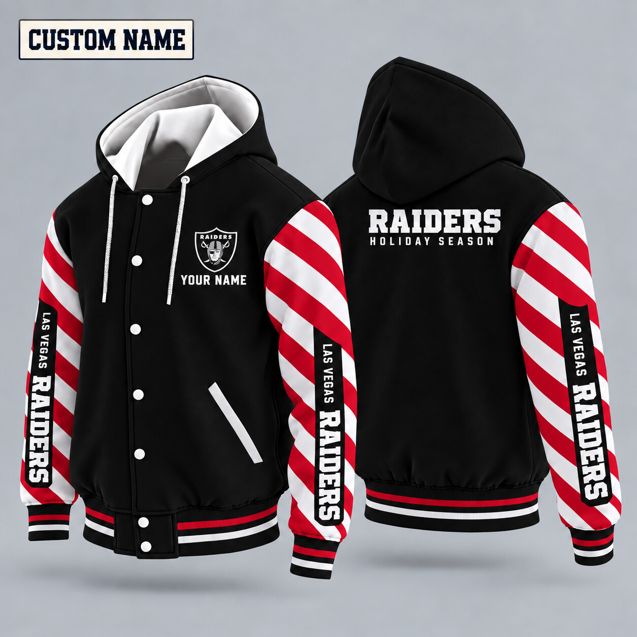 Las Vegas Raiders Candy Cane Christmas Hooded Letterman Jacket Custom Name P4PDJG