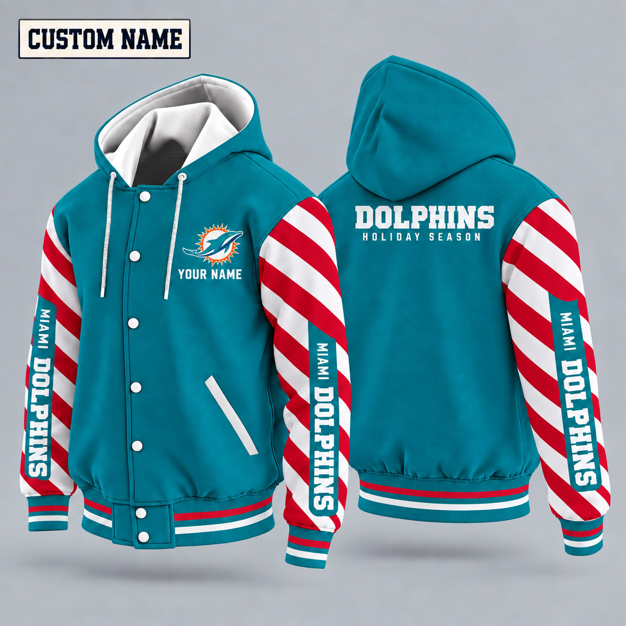 Miami Dolphins Candy Cane Christmas Hooded Letterman Jacket Custom Name PFWH0S