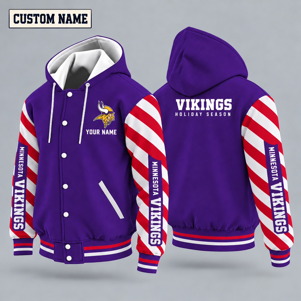 Minnesota Vikings Candy Cane Christmas Hooded Letterman Jacket Custom Name PLD143