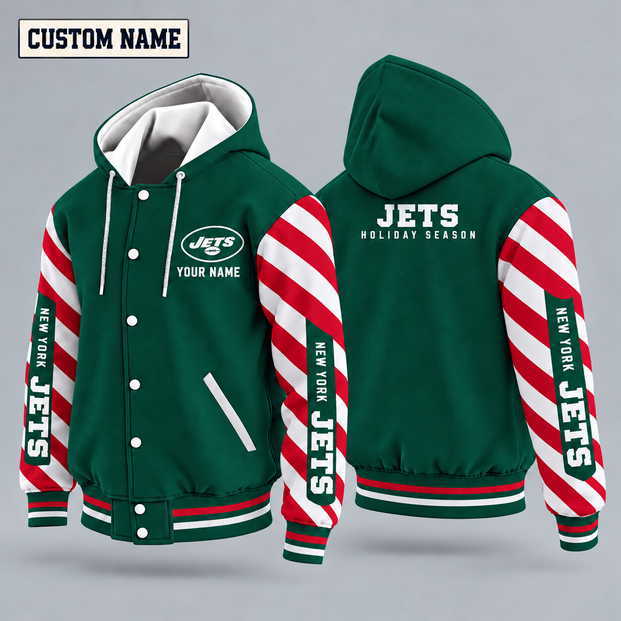 New York Jets Candy Cane Christmas Hooded Letterman Jacket Custom Name PDIRDH