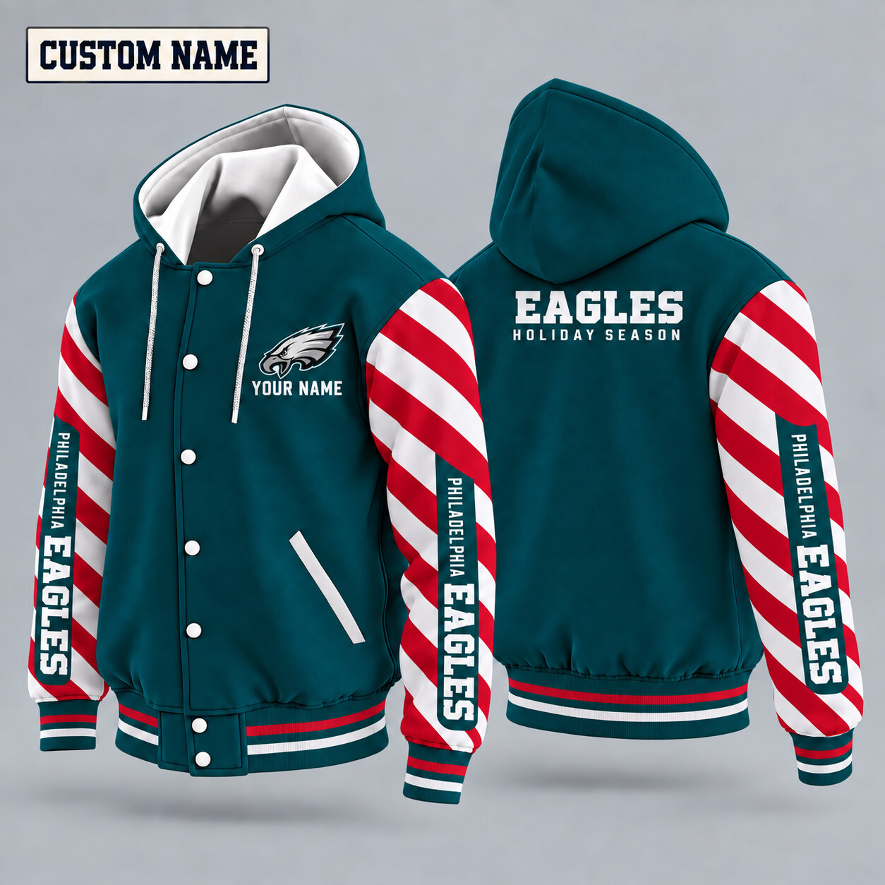 Philadelphia Eagles Candy Cane Christmas Hooded Letterman Jacket Custom Name PFX99M
