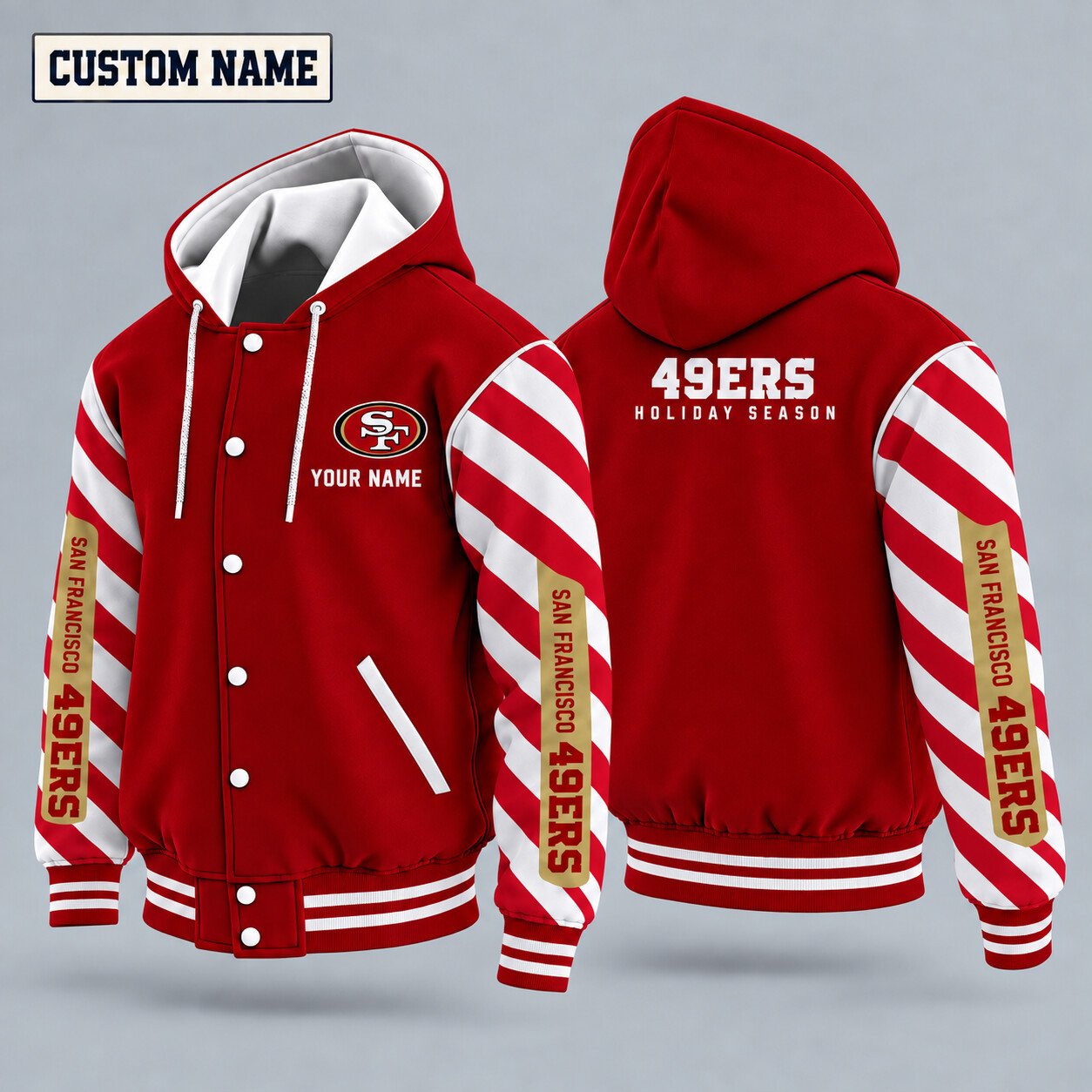 San Francisco 49ers Candy Cane Christmas Hooded Letterman Jacket Custom Name PW8H1V