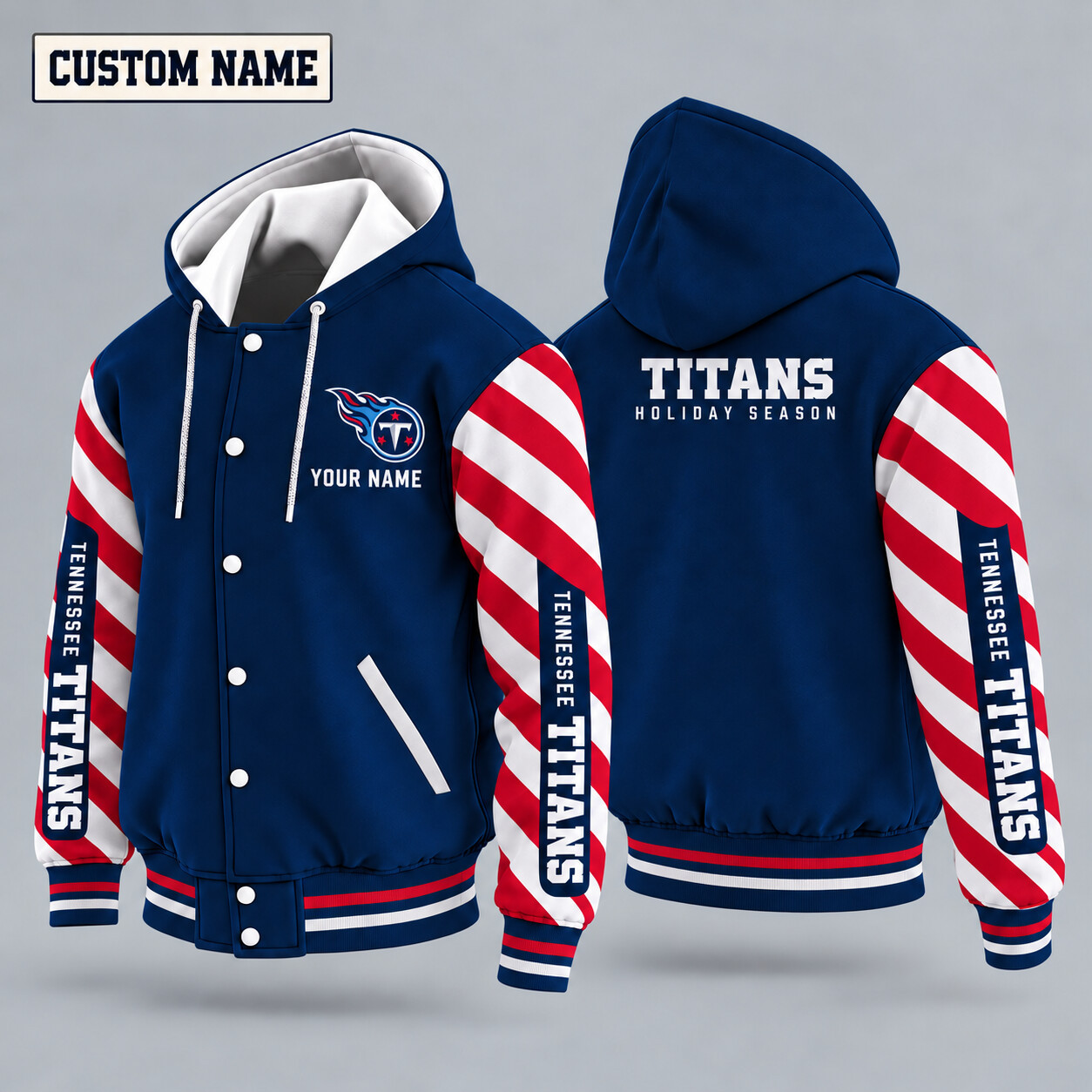 Tennessee Titans Candy Cane Christmas Hooded Letterman Jacket Custom Name POJHR4