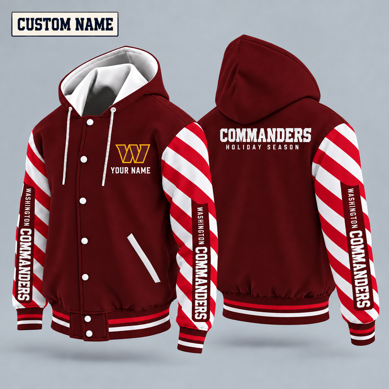 Washington Commanders Candy Cane Christmas Hooded Letterman Jacket Custom Name PUF0UJ
