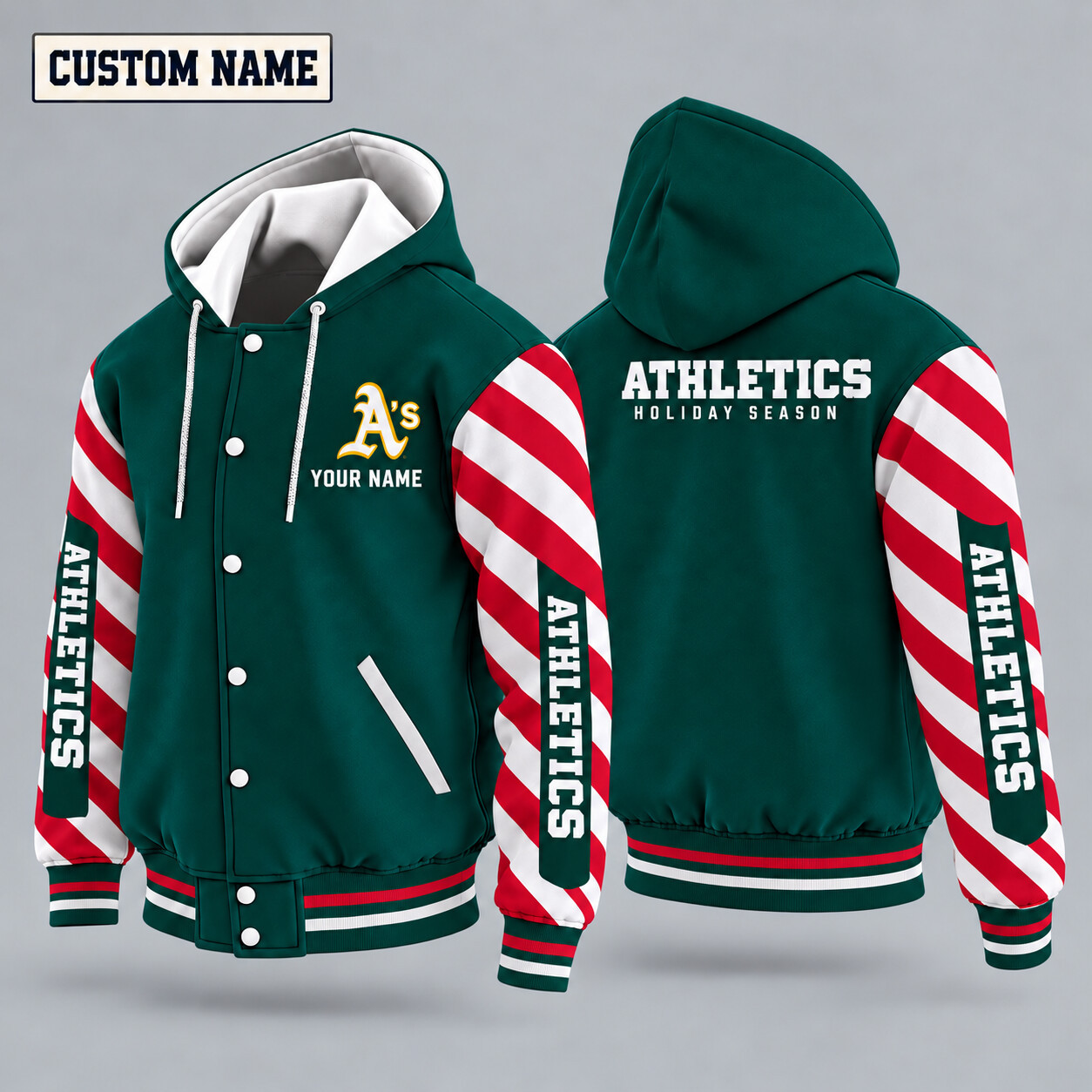 Athletics Candy Cane Christmas Hooded Letterman Jacket Custom Name PGVLJG