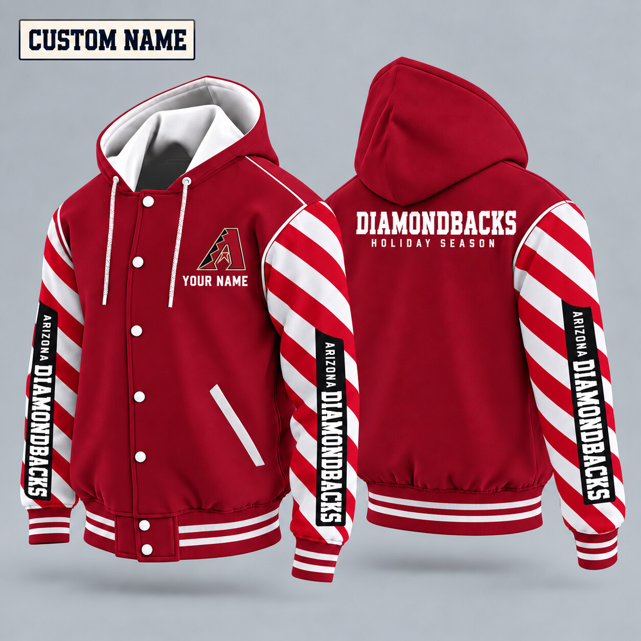 Arizona Diamondbacks Candy Cane Christmas Hooded Letterman Jacket Custom Name PUQXOE
