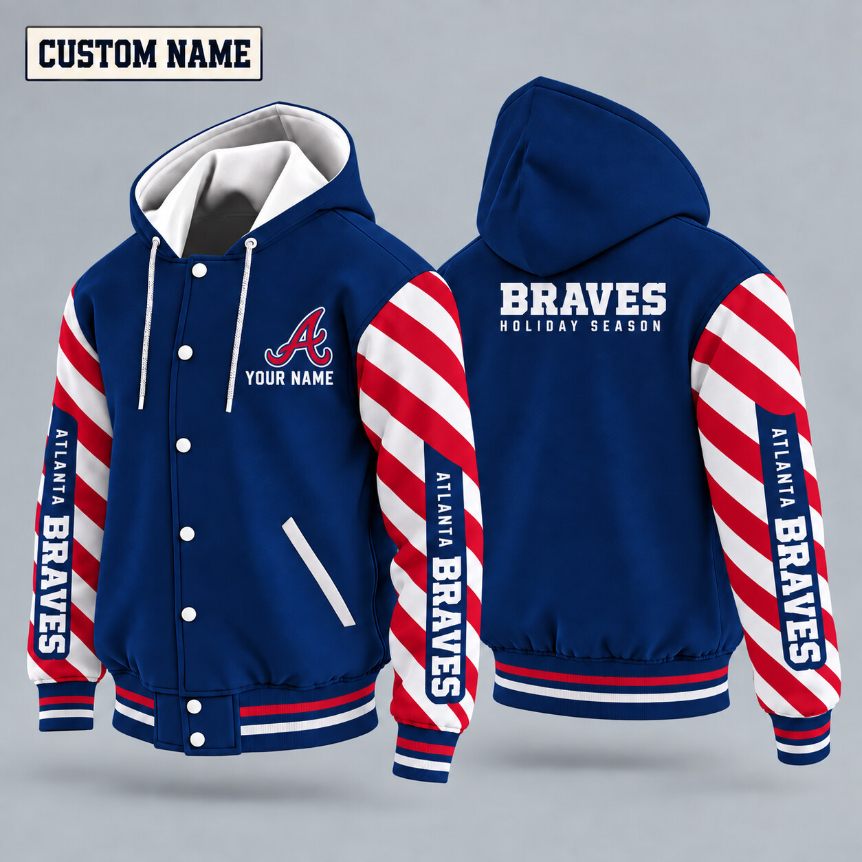 Atlanta Braves Candy Cane Christmas Hooded Letterman Jacket Custom Name P6T99Y