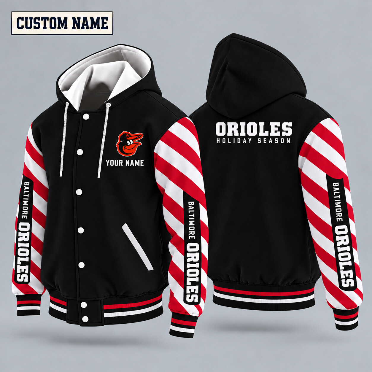 Baltimore Orioles Candy Cane Christmas Hooded Letterman Jacket Custom Name PA9R7G