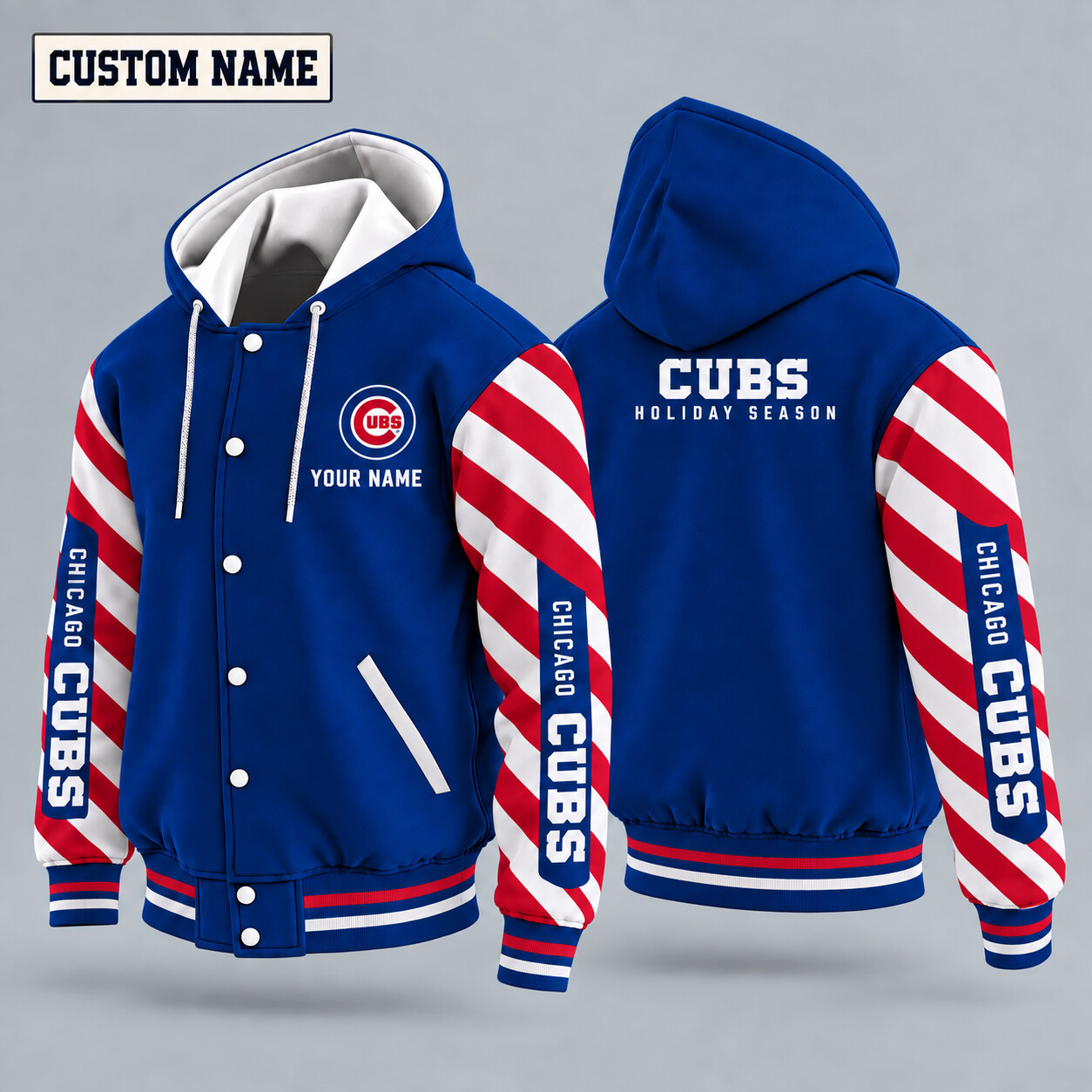 Chicago Cubs Candy Cane Christmas Hooded Letterman Jacket Custom Name PG8YZQ