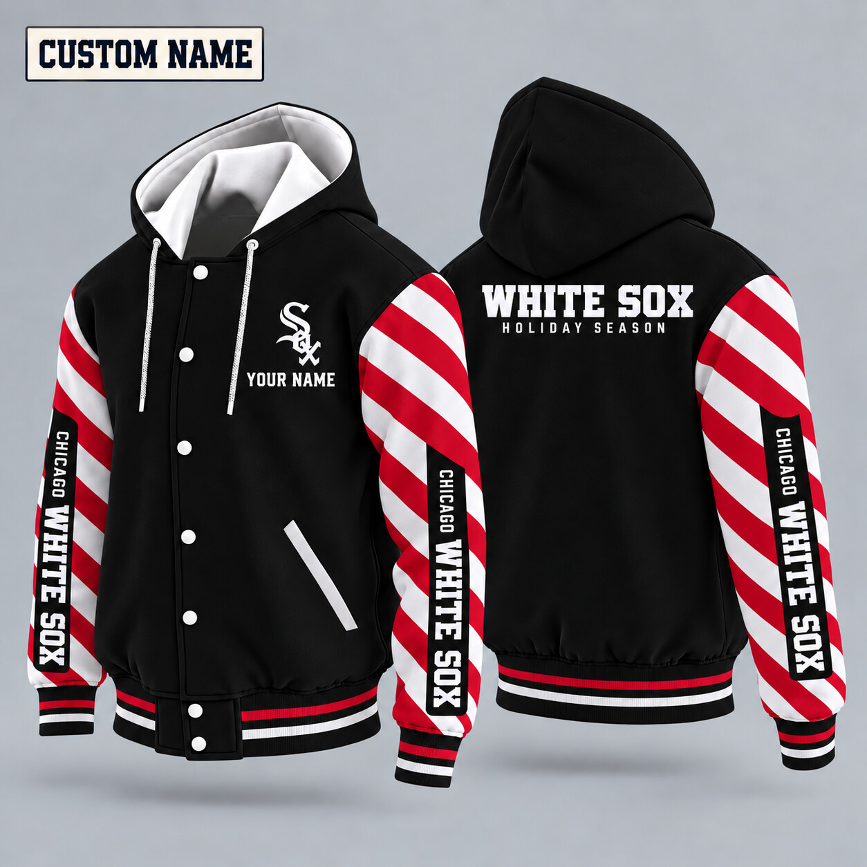 Chicago White Sox Candy Cane Christmas Hooded Letterman Jacket Custom Name PBF5ON