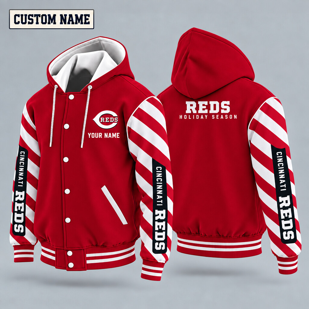 Cincinnati Reds Candy Cane Christmas Hooded Letterman Jacket Custom Name PMVM79