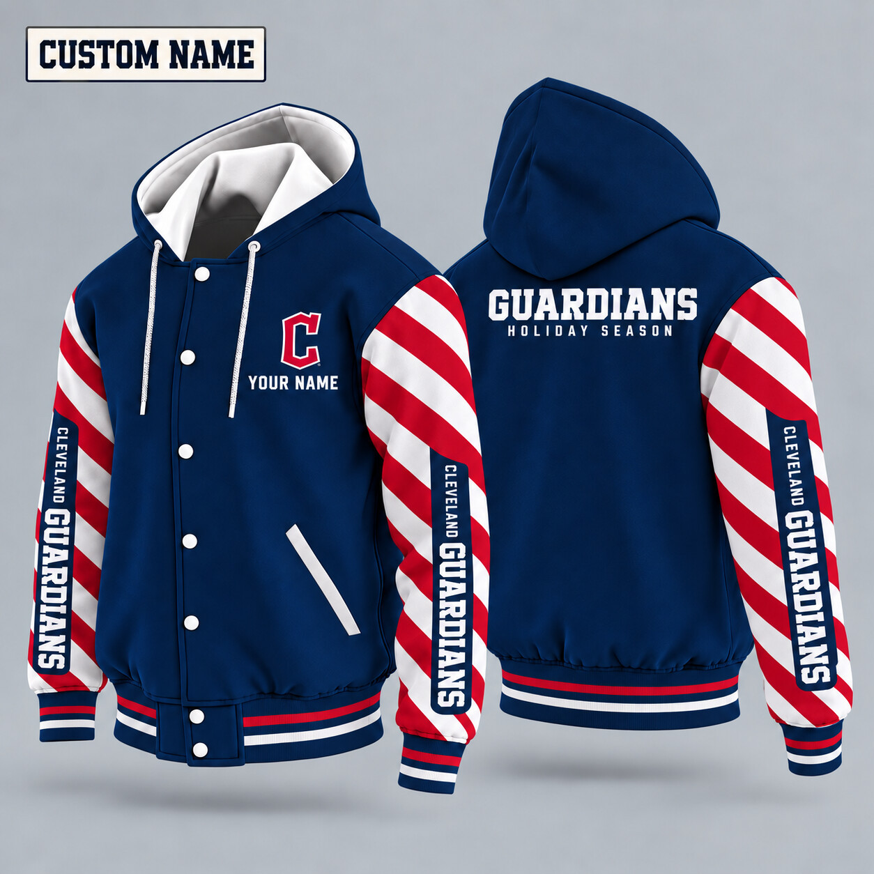 Cleveland Guardians Candy Cane Christmas Hooded Letterman Jacket Custom Name P23CD2