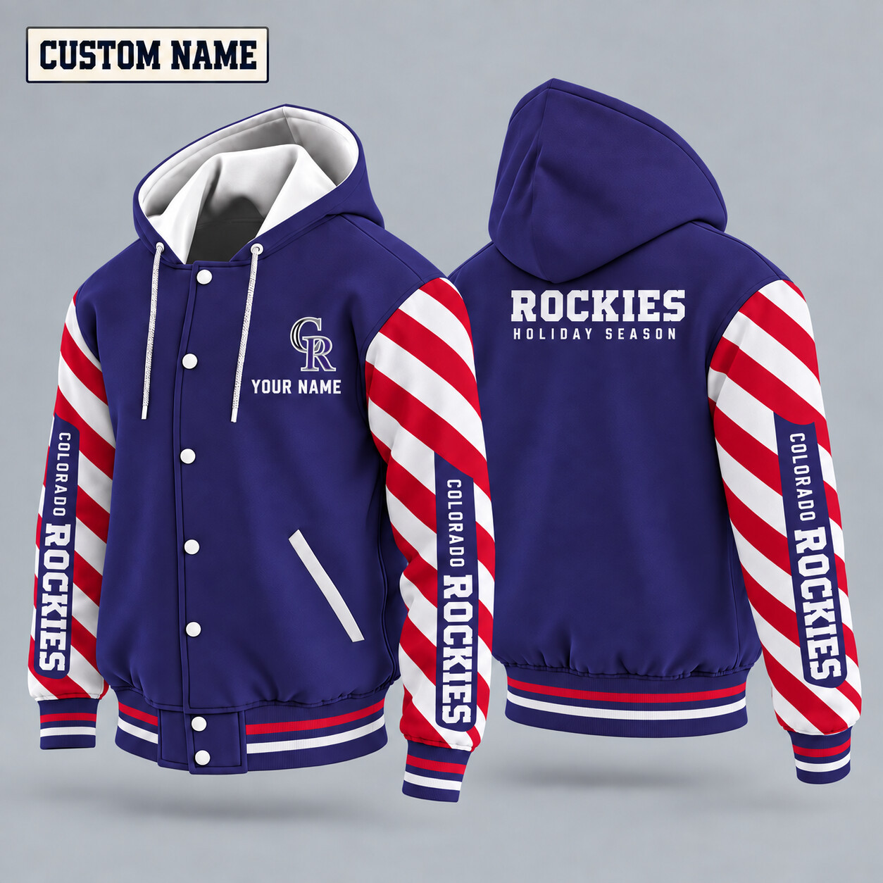 Colorado Rockies Candy Cane Christmas Hooded Letterman Jacket Custom Name PINWVM