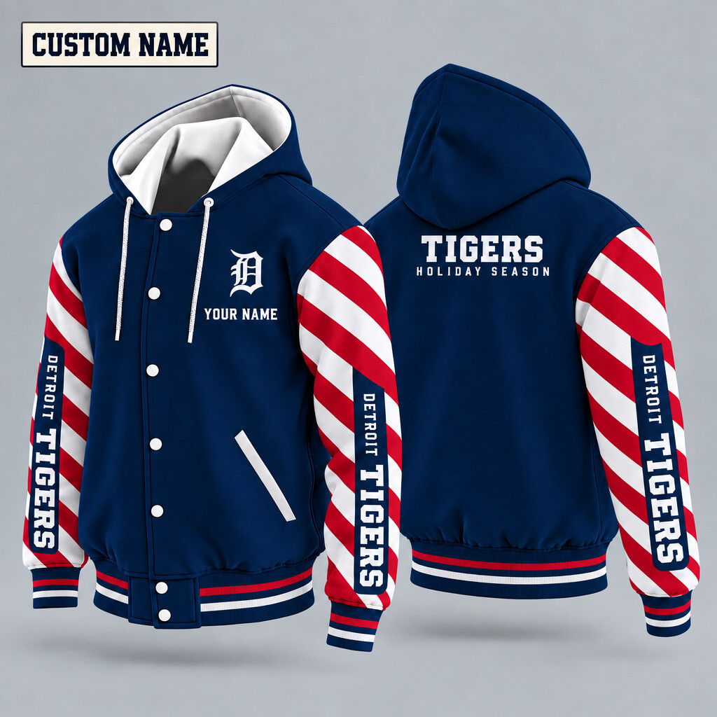 Detroit Tigers Candy Cane Christmas Hooded Letterman Jacket Custom Name PGPPEE