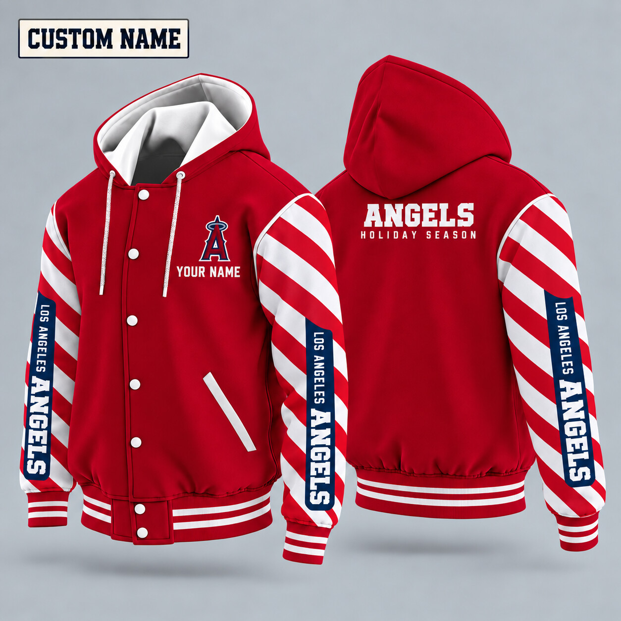 Los Angeles Angels Candy Cane Christmas Hooded Letterman Jacket Custom Name P539A5