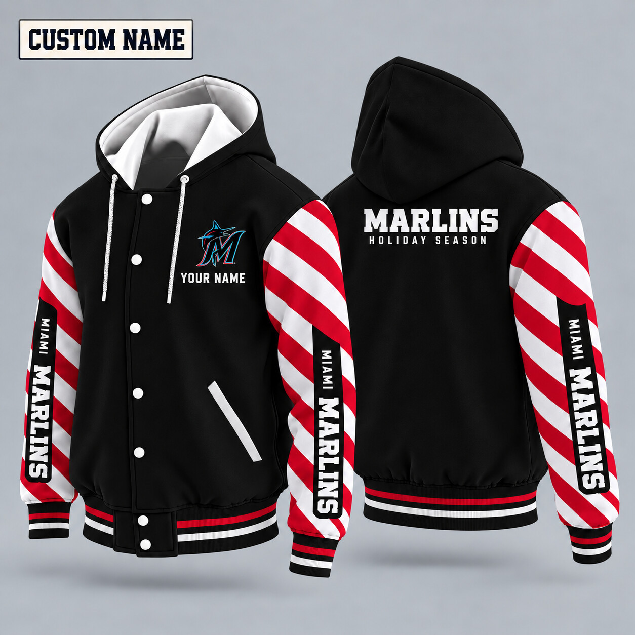 Miami Marlins Candy Cane Christmas Hooded Letterman Jacket Custom Name PVY9FT