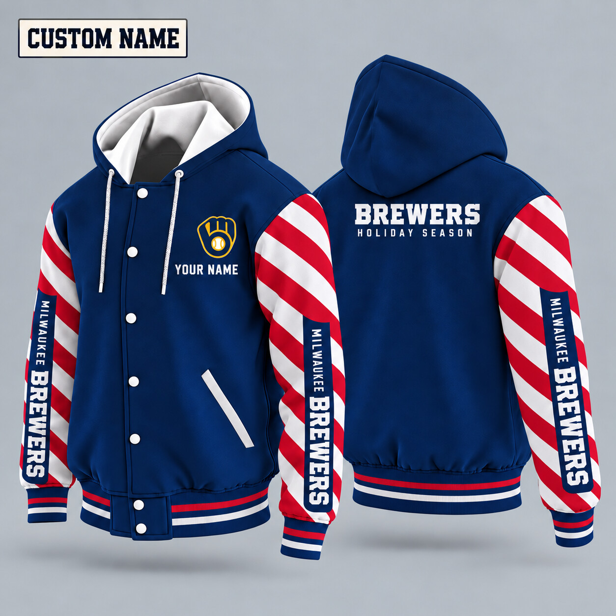 Milwaukee Brewers Candy Cane Christmas Hooded Letterman Jacket Custom Name PO5QDM