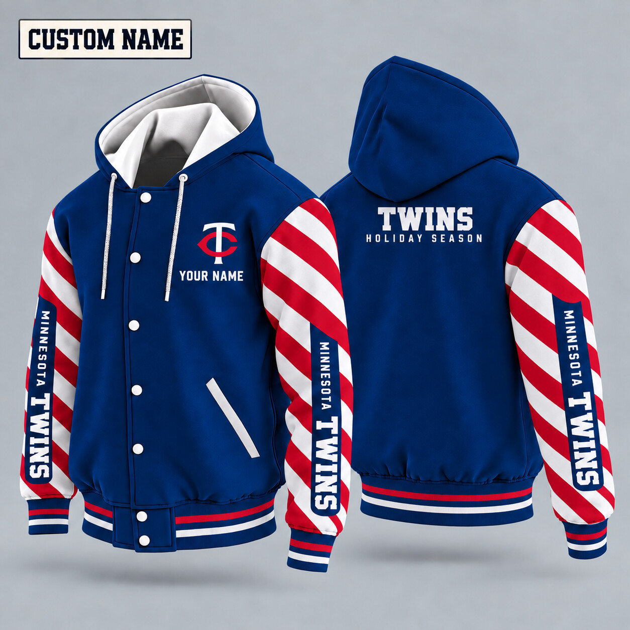 Minnesota Twins Candy Cane Christmas Hooded Letterman Jacket Custom Name PFBRYW