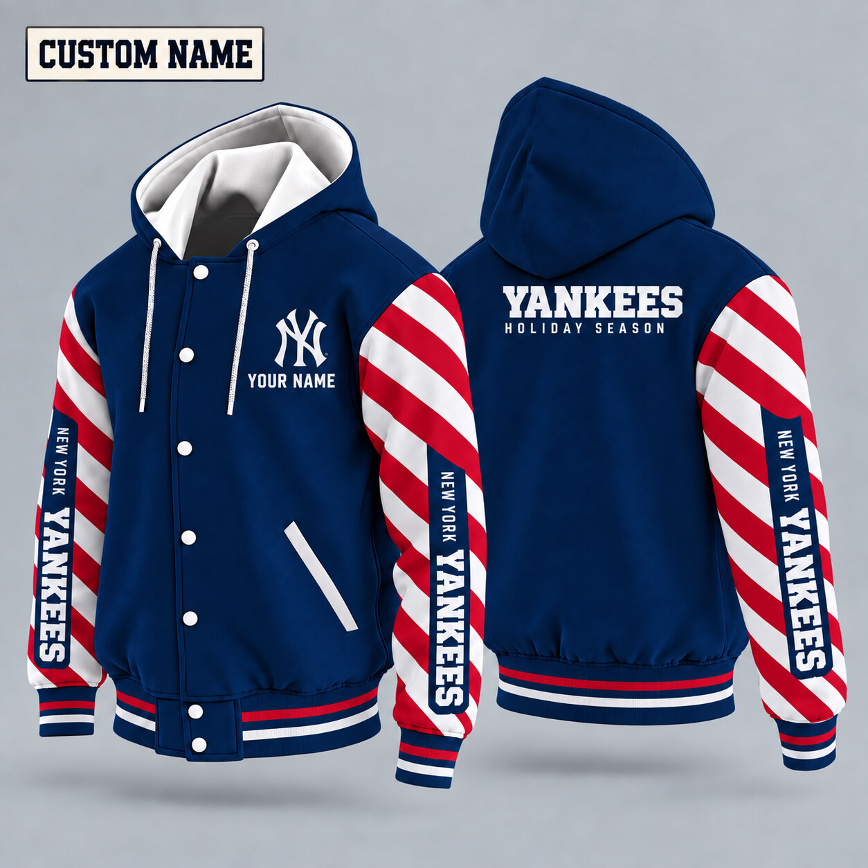 New York Yankees Candy Cane Christmas Hooded Letterman Jacket Custom Name PBFEKJ