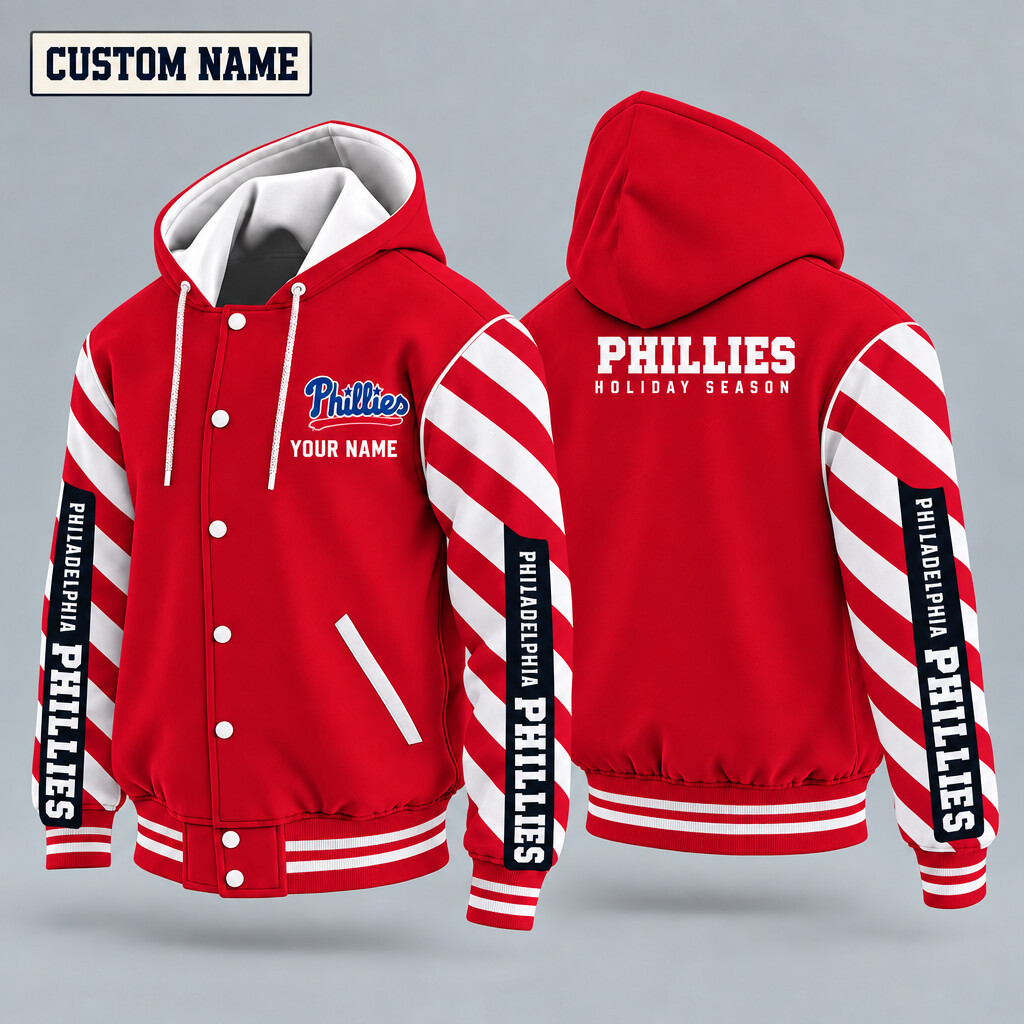 Philadelphia Phillies Candy Cane Christmas Hooded Letterman Jacket Custom Name PK50SP