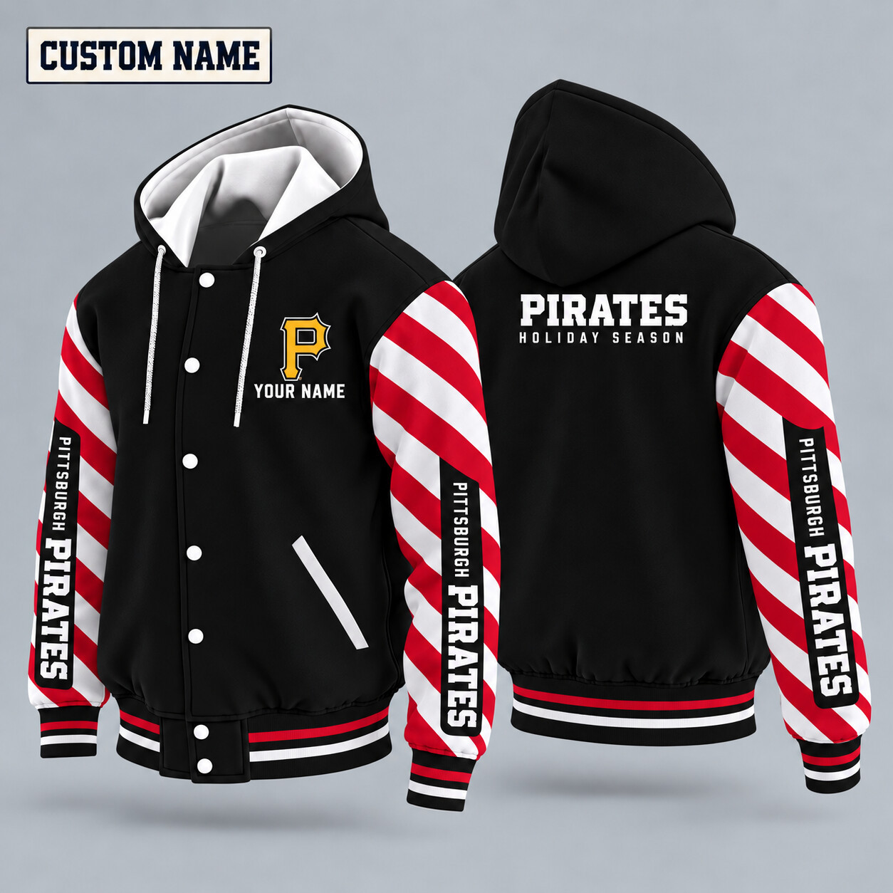 Pittsburgh Pirates Candy Cane Christmas Hooded Letterman Jacket Custom Name PGGH6L