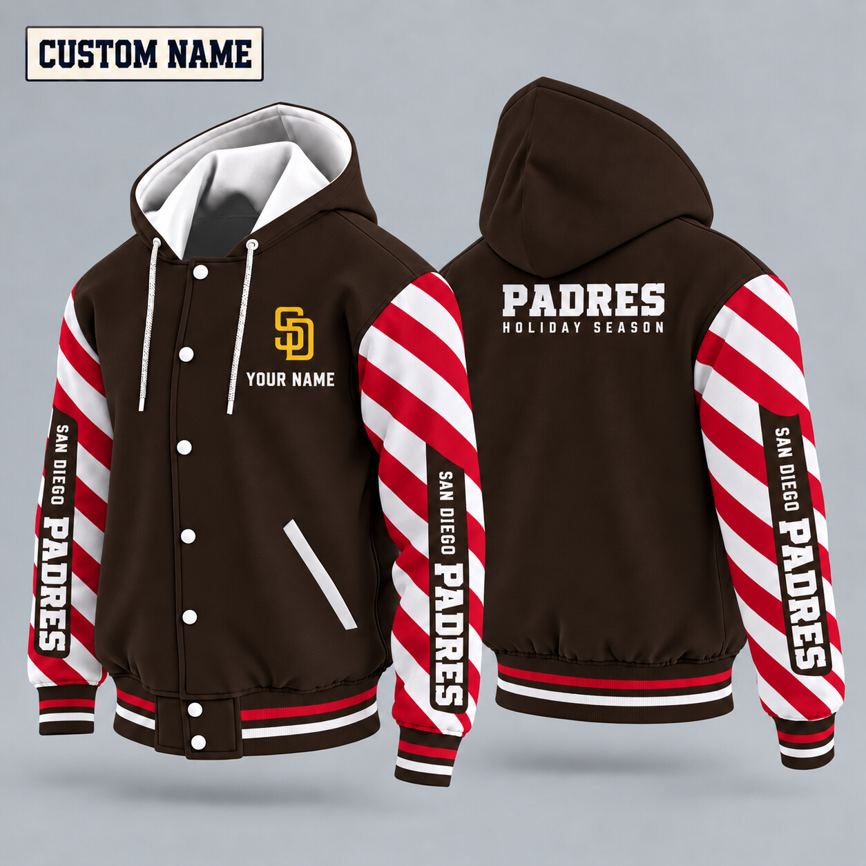 San Diego Padres Candy Cane Christmas Hooded Letterman Jacket Custom Name PAEB1D
