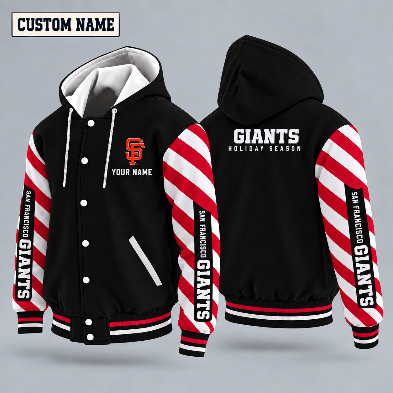 San Francisco Giants Candy Cane Christmas Hooded Letterman Jacket Custom Name PN33PP