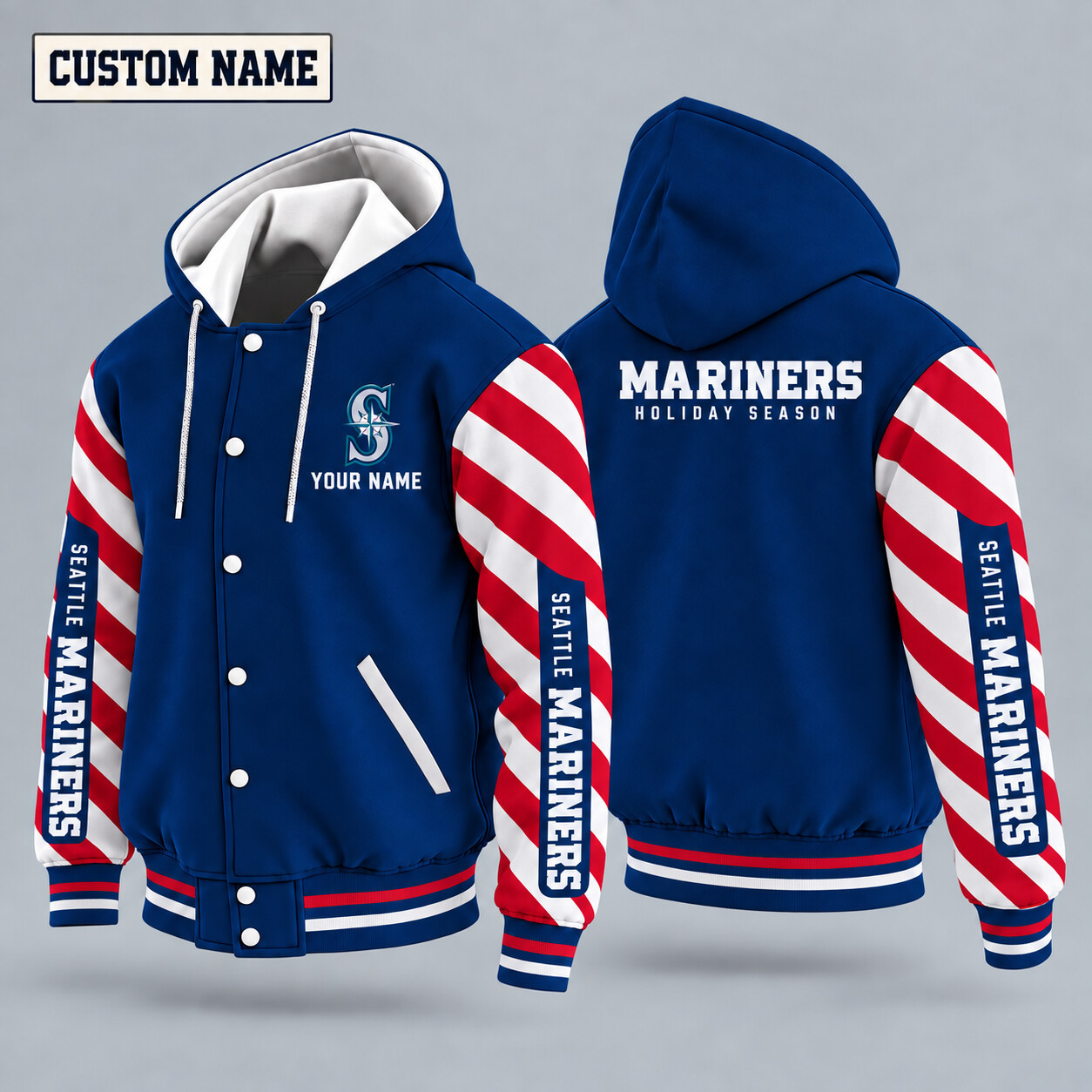 Seattle Mariners Candy Cane Christmas Hooded Letterman Jacket Custom Name PLUMQ5