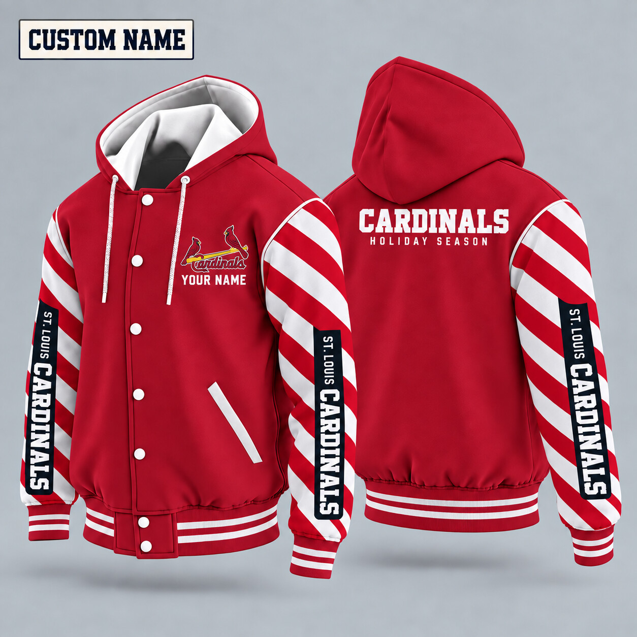 St. Louis Cardinals Candy Cane Christmas Hooded Letterman Jacket Custom Name P734OT