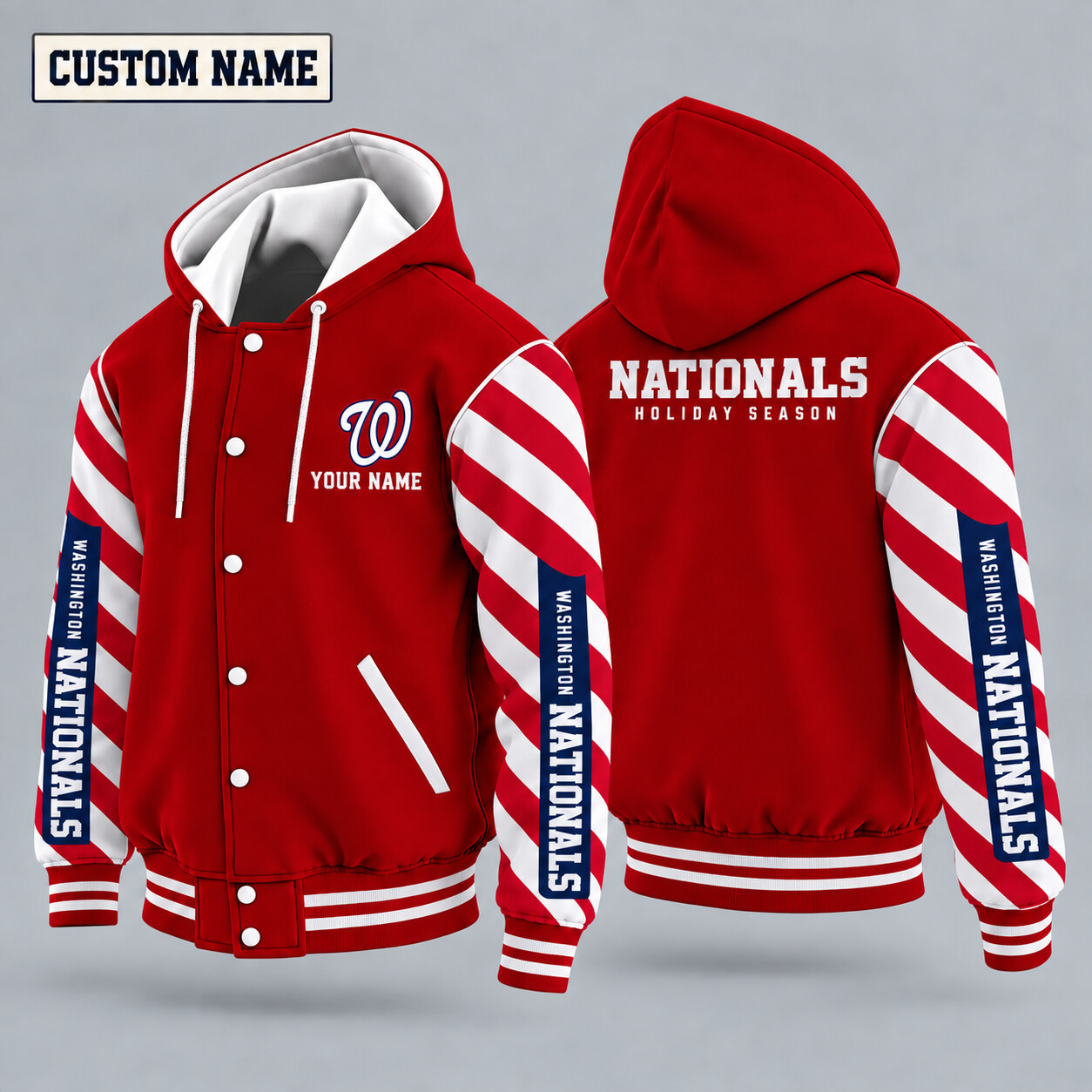 Washington Nationals Candy Cane Christmas Hooded Letterman Jacket Custom Name PQ2QBJ