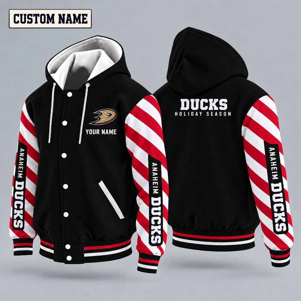Anaheim Ducks Candy Cane Christmas Hooded Letterman Jacket Custom Name PGFO36
