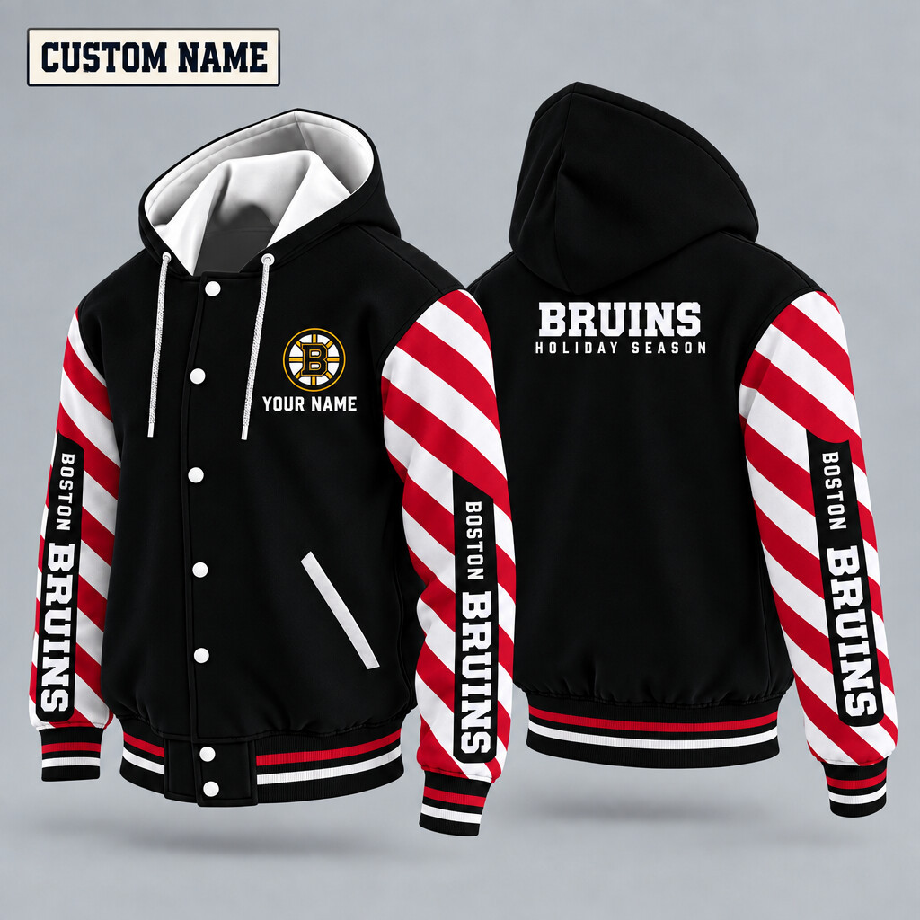 Boston Bruins Candy Cane Christmas Hooded Letterman Jacket Custom Name PMY704