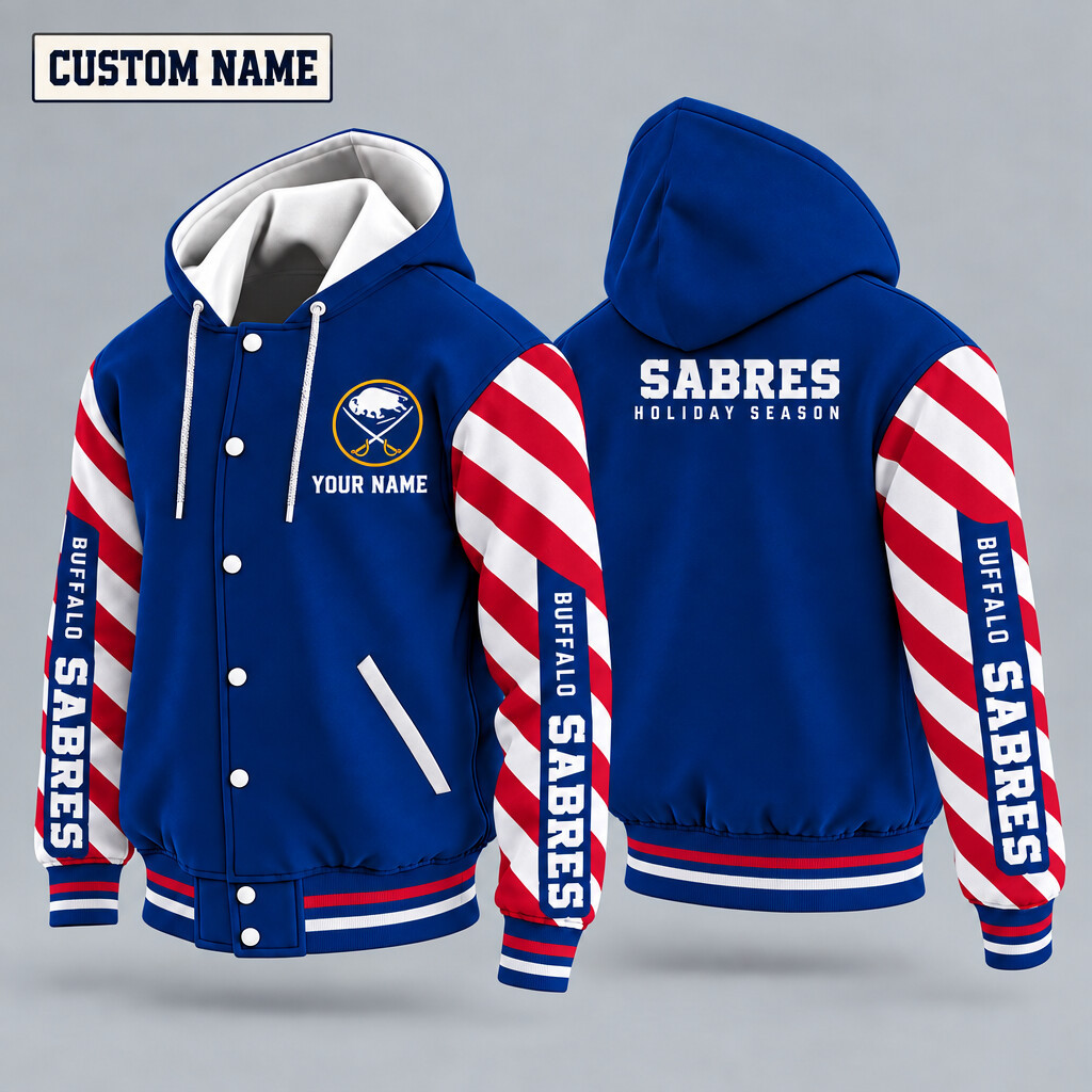 Buffalo Sabres Candy Cane Christmas Hooded Letterman Jacket Custom Name PTUXBU