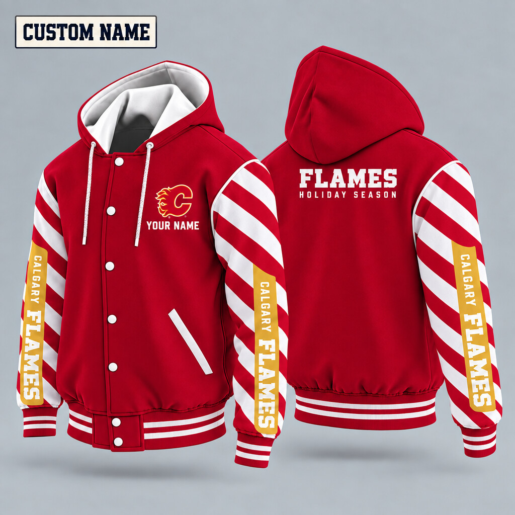 Calgary Flames Candy Cane Christmas Hooded Letterman Jacket Custom Name PGRB7R