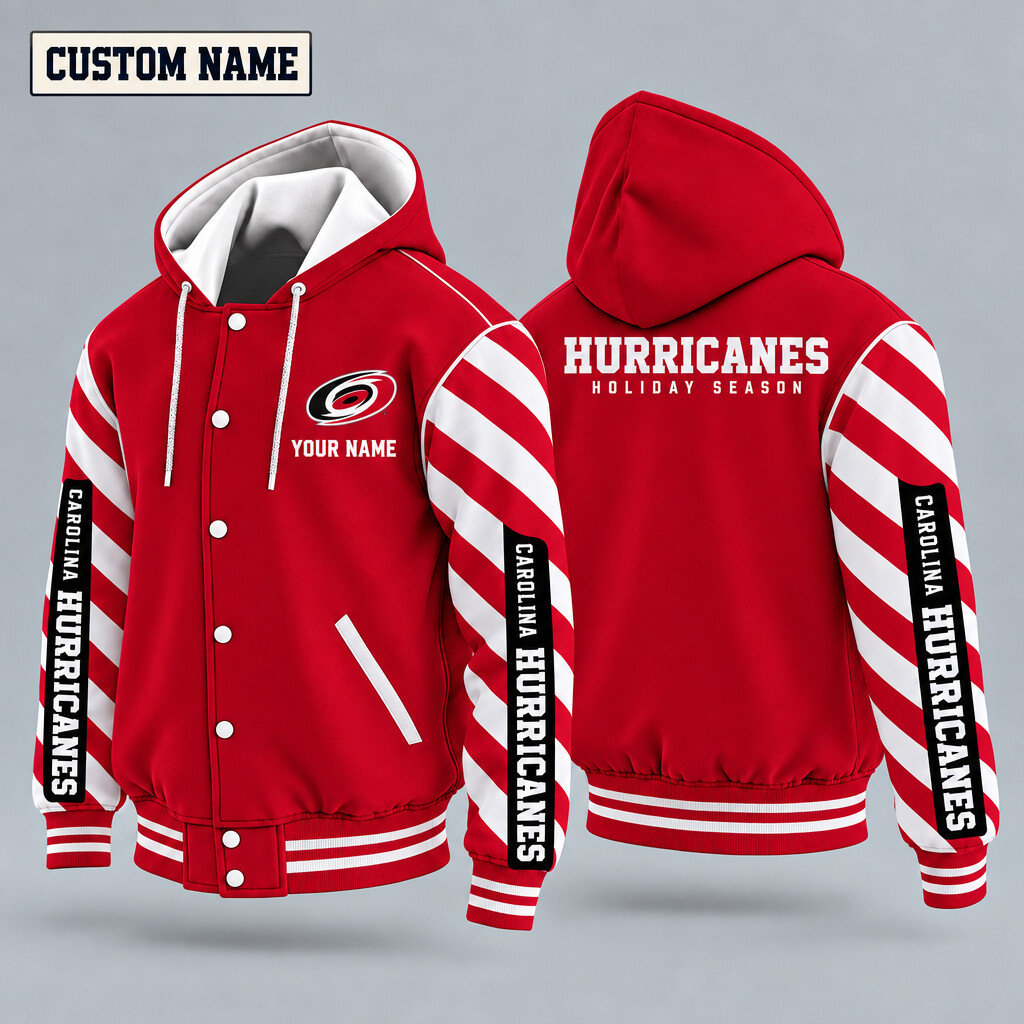 Carolina Hurricanes Candy Cane Christmas Hooded Letterman Jacket Custom Name PEQAO6
