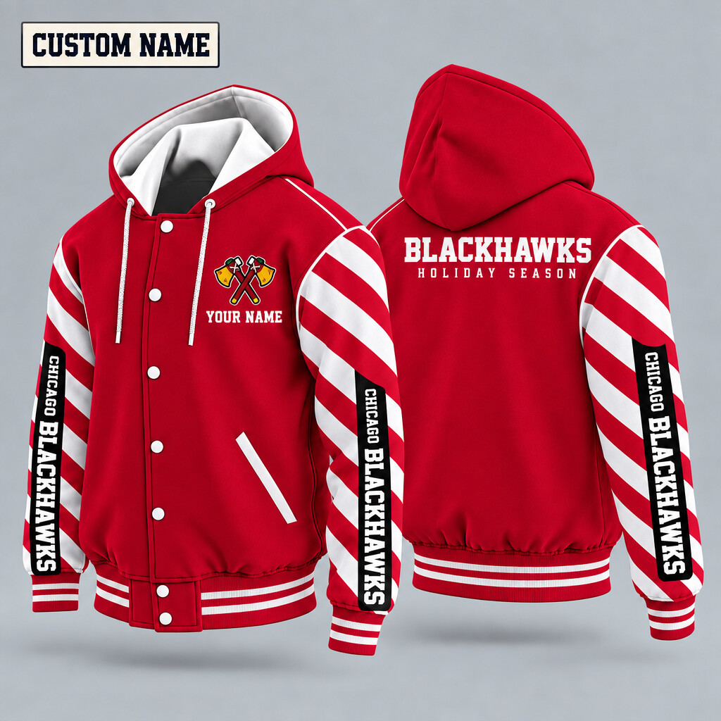 Chicago Blackhawks Candy Cane Christmas Hooded Letterman Jacket Custom Name P66C10