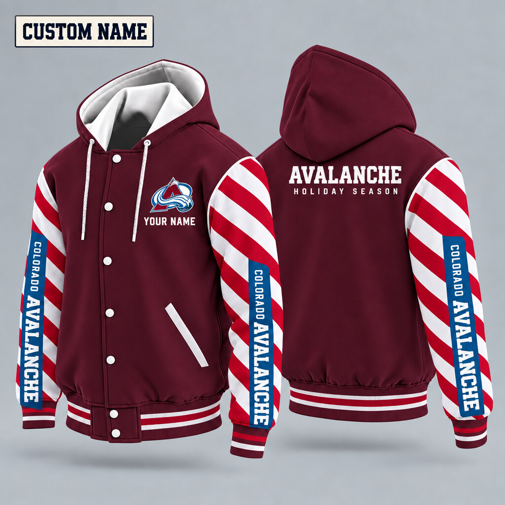 Colorado Avalanche Candy Cane Christmas Hooded Letterman Jacket Custom Name PCNP7T