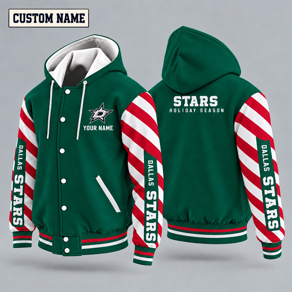 Dallas Stars Candy Cane Christmas Hooded Letterman Jacket Custom Name PNPP44