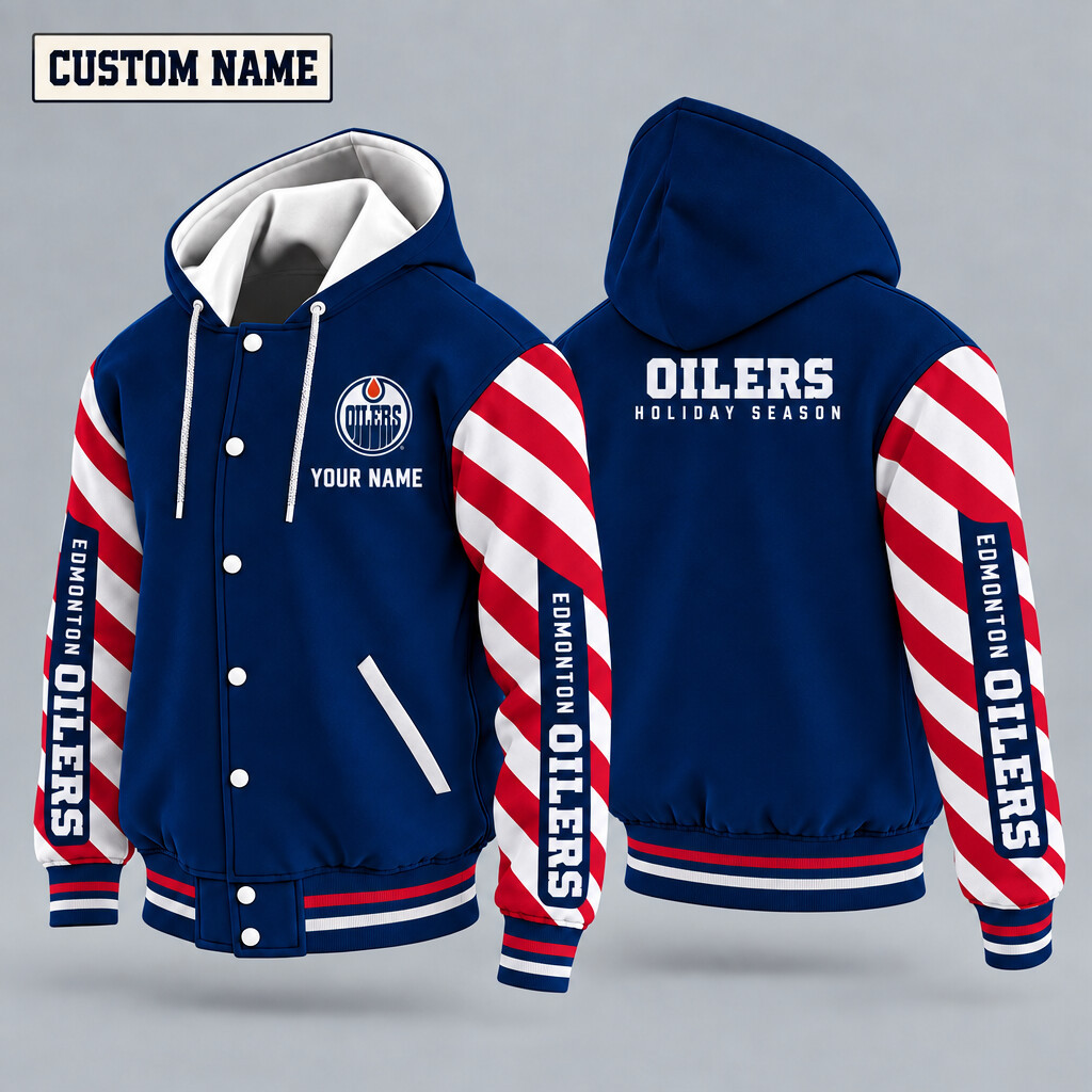 Edmonton Oilers Candy Cane Christmas Hooded Letterman Jacket Custom Name PBT3IG