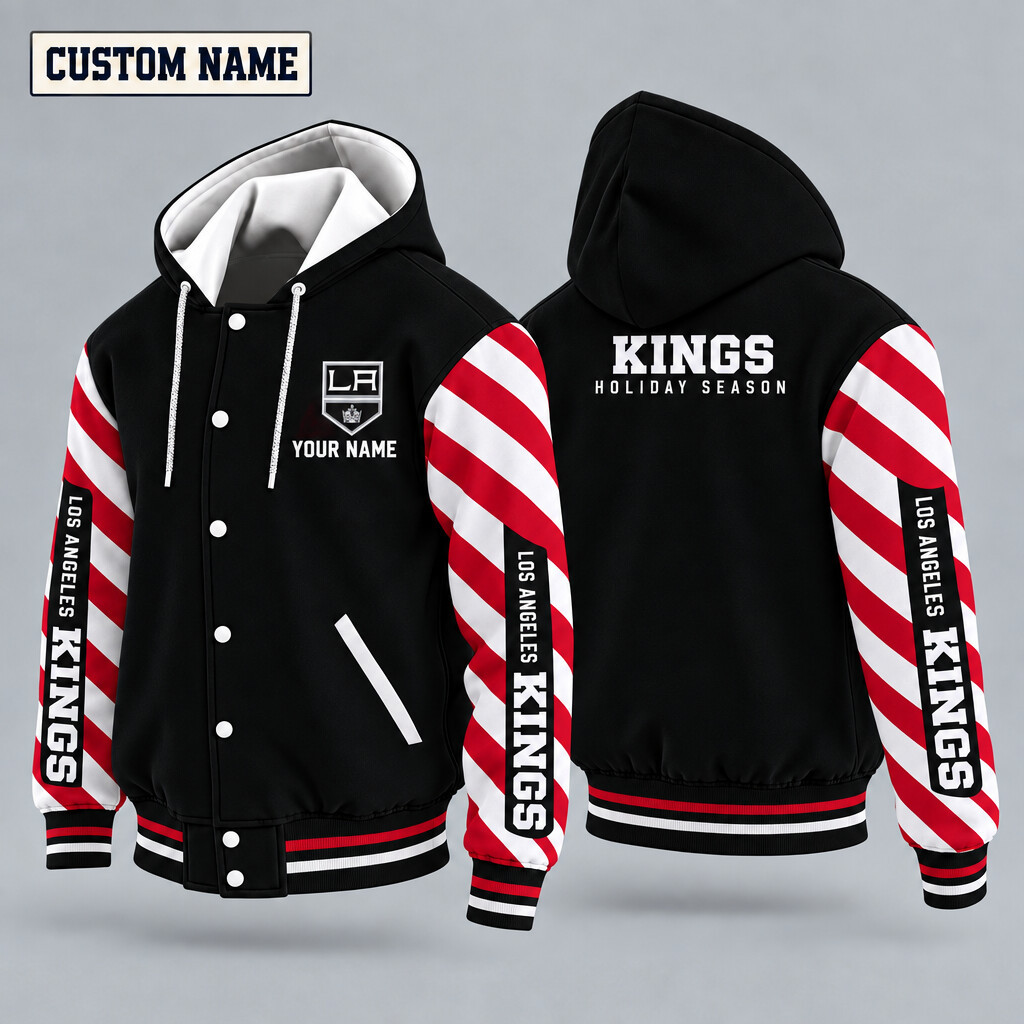Los Angeles Kings Candy Cane Christmas Hooded Letterman Jacket Custom Name PU0HTF