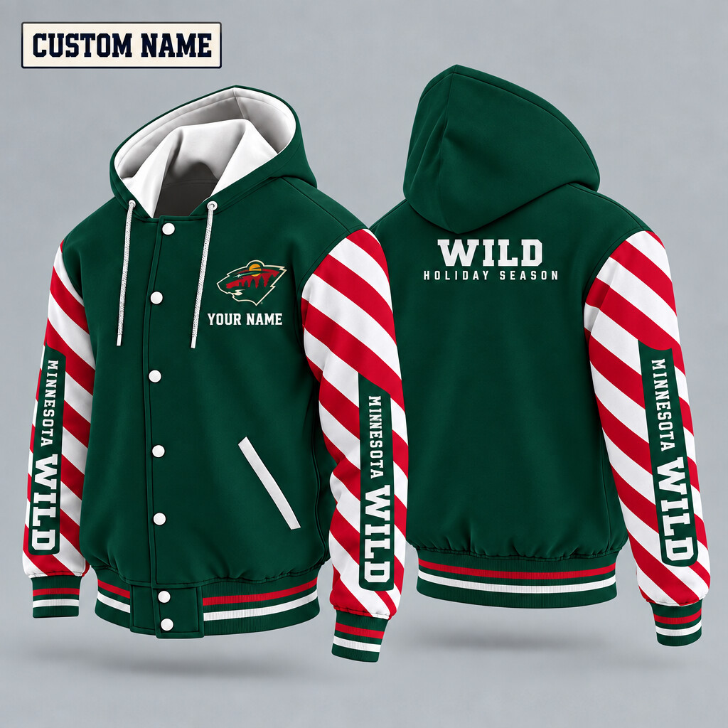 Minnesota Wild Candy Cane Christmas Hooded Letterman Jacket Custom Name PE6QM9