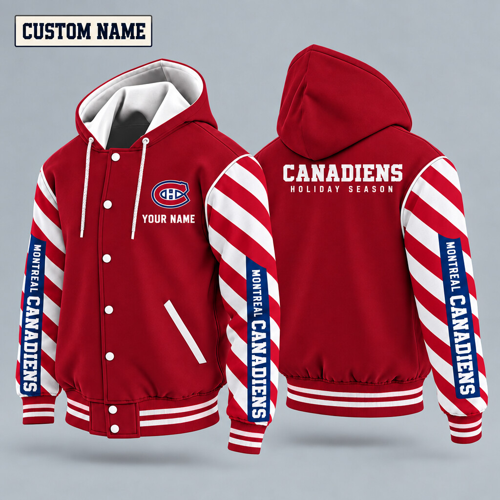 Montreal Canadiens Candy Cane Christmas Hooded Letterman Jacket Custom Name PGDRJ0