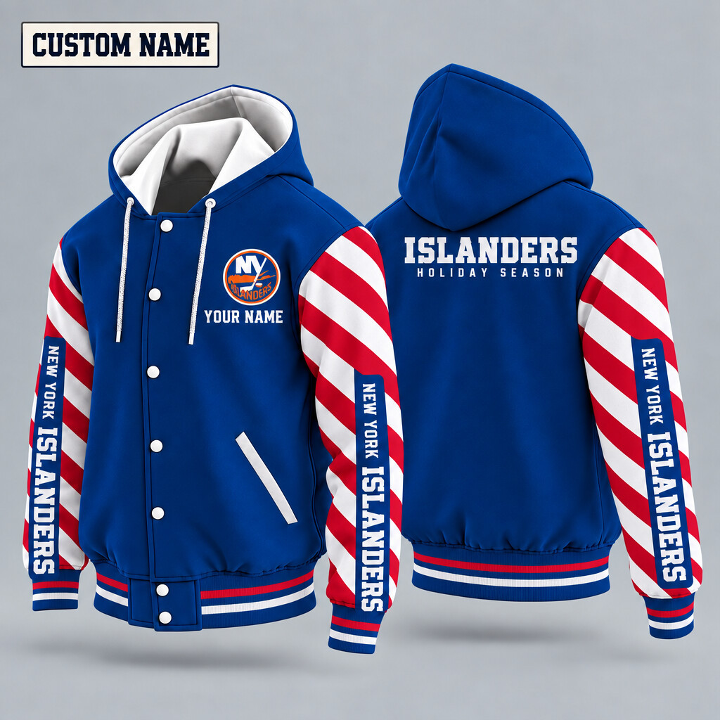 New York Islanders Candy Cane Christmas Hooded Letterman Jacket Custom Name PIN1QA