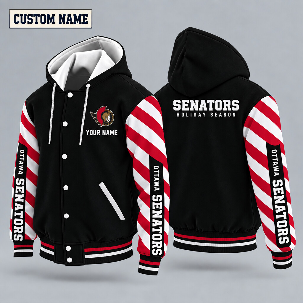 Ottawa Senators Candy Cane Christmas Hooded Letterman Jacket Custom Name P3FRXW