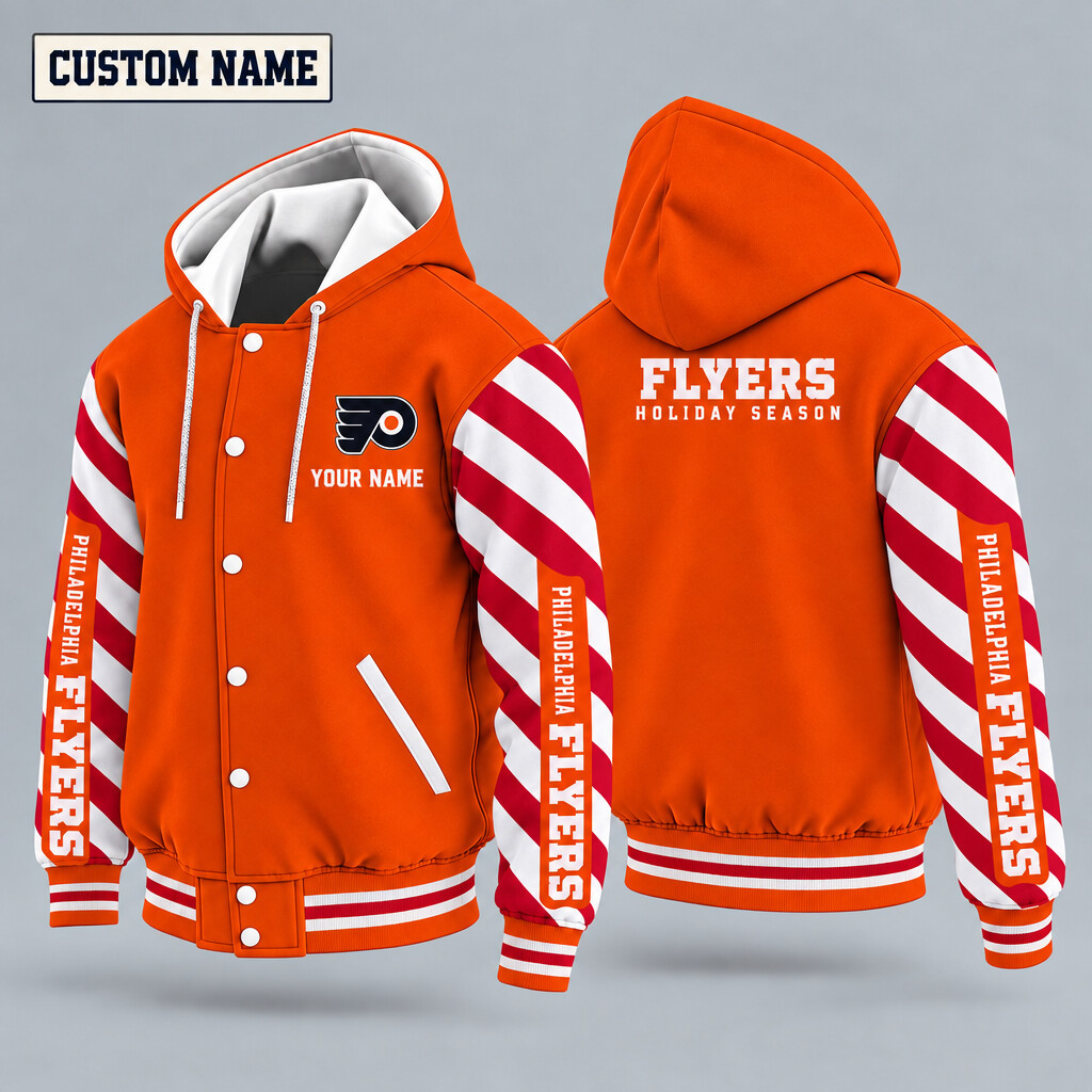 Philadelphia Flyers Candy Cane Christmas Hooded Letterman Jacket Custom Name P1WNPI
