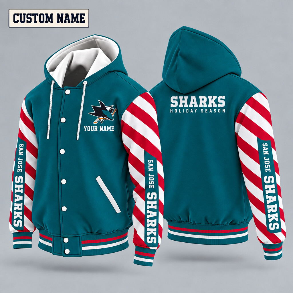 San Jose Sharks Candy Cane Christmas Hooded Letterman Jacket Custom Name P48N12