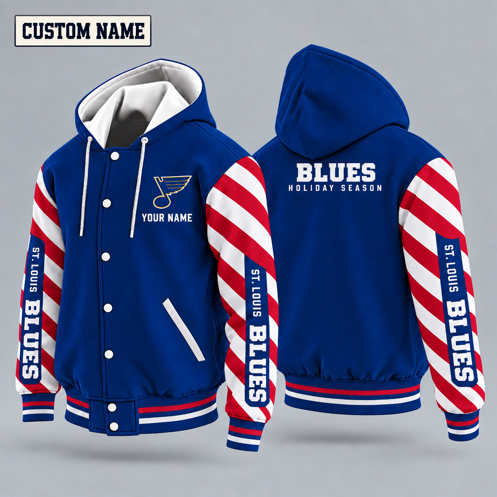 St. Louis Blues Candy Cane Christmas Hooded Letterman Jacket Custom Name PNHZUM