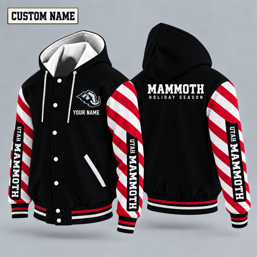 Utah Mammoth Candy Cane Christmas Hooded Letterman Jacket Custom Name P1ICO9