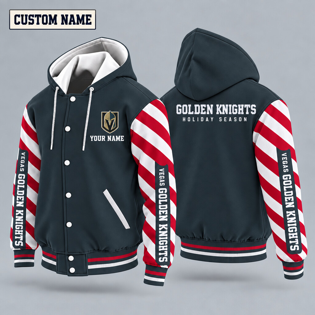 Vegas Golden Knights Candy Cane Christmas Hooded Letterman Jacket Custom Name PDHG4H